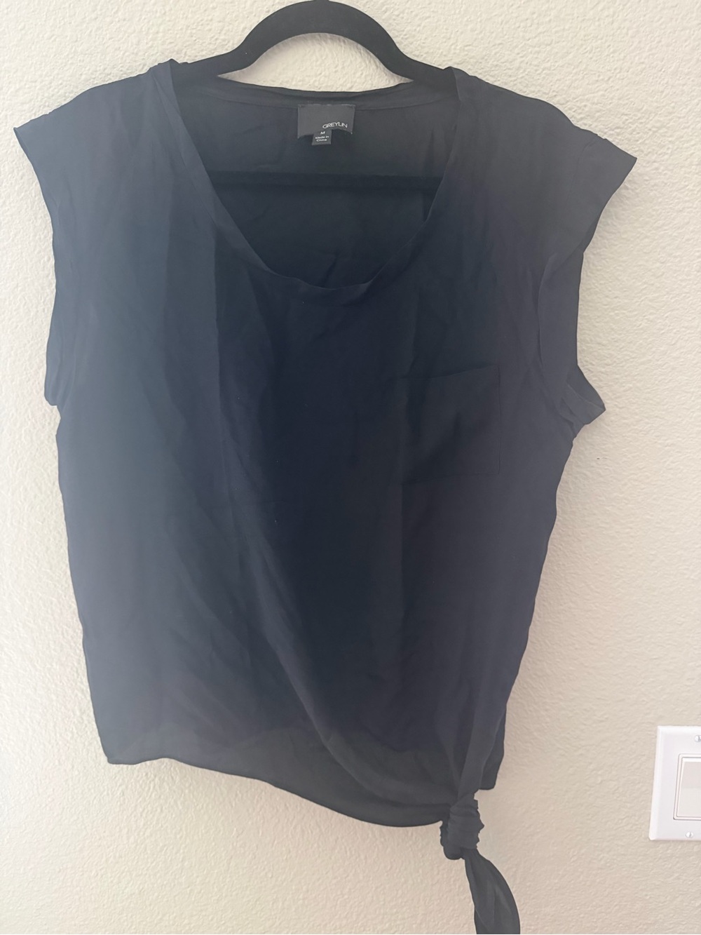 Greylin Black Side-Tie Cap Sleeve 100% Silk Top Size M